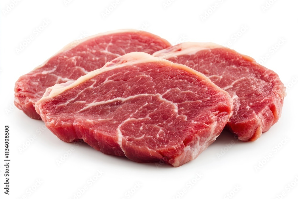 Three raw beef steaks isolated on white background. Three raw beef steaks isolated on white background.