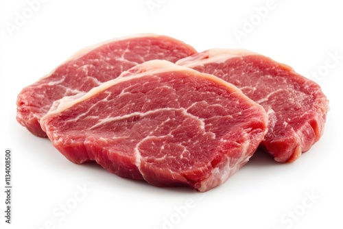 Three raw beef steaks isolated on white background.