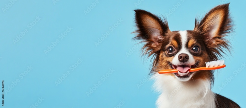 Happy dog holding toothbrush. Cute pet dental hygiene. Happy dog holding toothbrush. Cute pet dental hygiene.