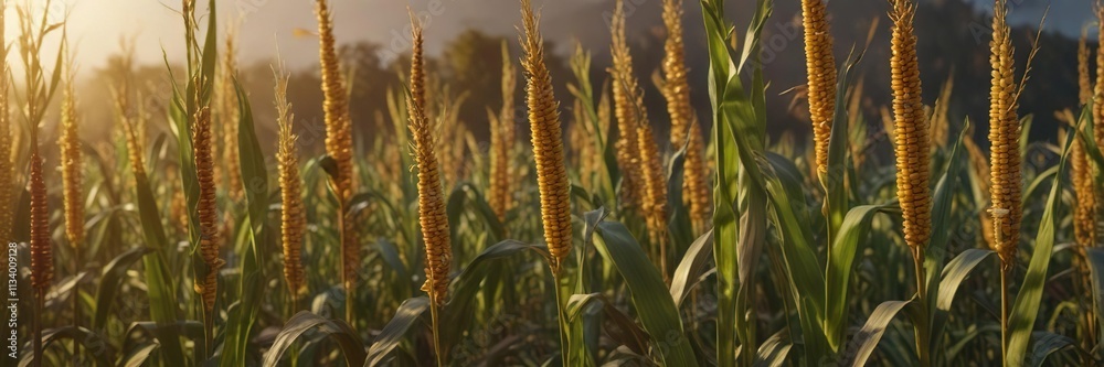 Warm light illuminates a lush landscape of corn stalks swaying in the breeze , fields, autumn, landscape