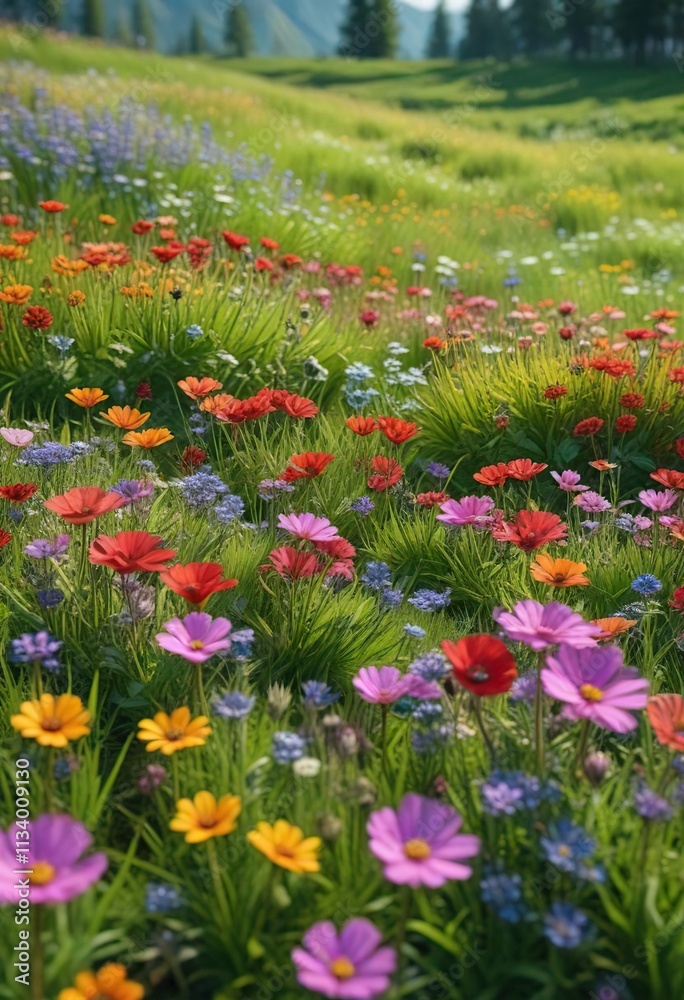 Vibrant colors of blooming flowers in a lush green meadow, colorful, nature Vibrant colors of blooming flowers in a lush green meadow, colorful, nature