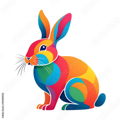 Colorful rabbit illustration on transparent background.