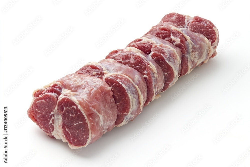 Raw beef tenderloin, sliced and tied, ready for cooking, isolated on white background. Raw beef tenderloin, sliced and tied, ready for cooking, isolated on white background.