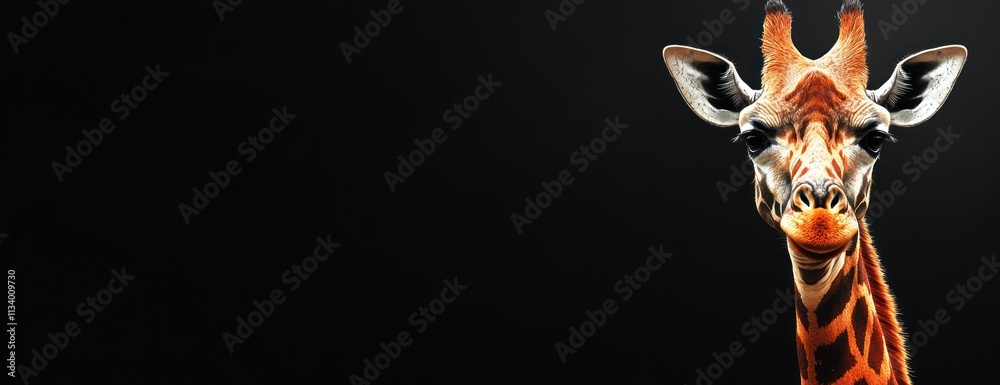 Close-up portrait of a giraffe against a black background. Close-up portrait of a giraffe against a black background.