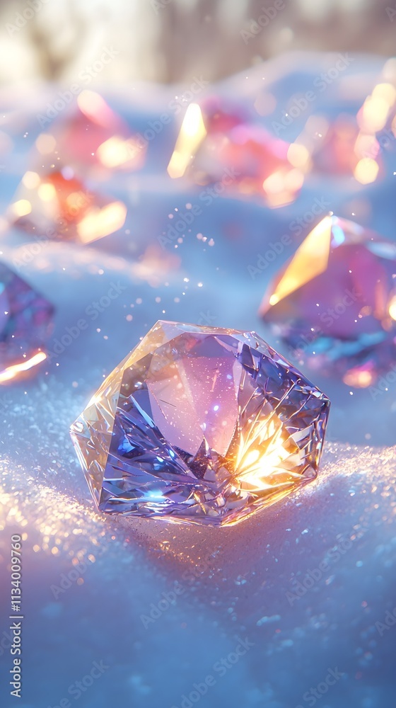 A colorful diamond with a frozen texture glows faintly, partially buried in snow with icy edges A colorful diamond with a frozen texture glows faintly, partially buried in snow with icy edges