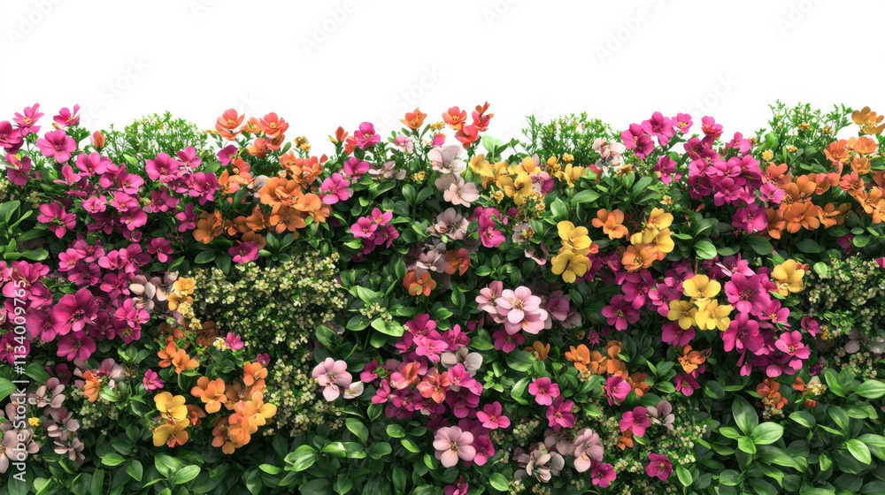 Bush or shrub wall in full bloom, filled with bright, vivid flowers isolated on white background Bush or shrub wall in full bloom, filled with bright, vivid flowers isolated on white background