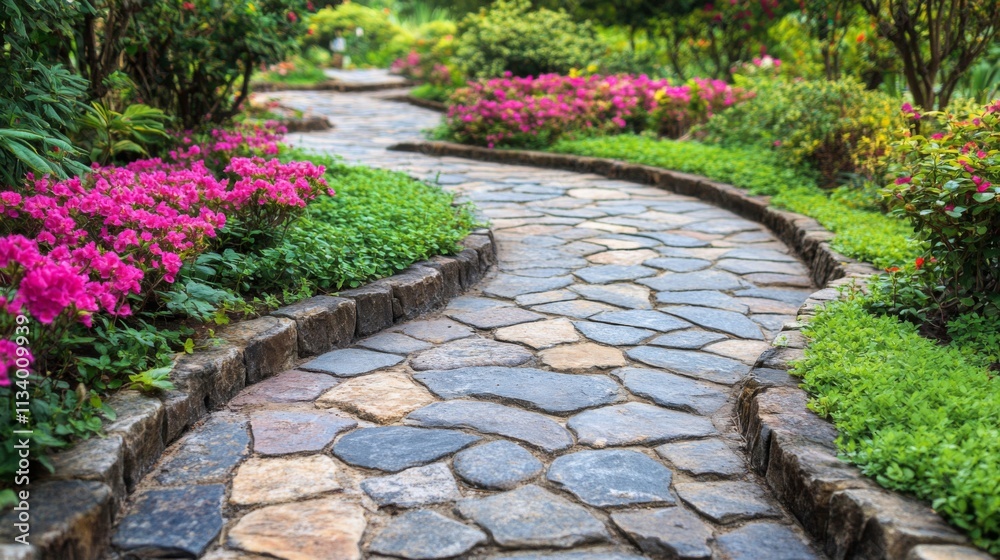 Stone Pathway Winding Through a Lush Garden with Vibrant Pink Flowers Stone Pathway Winding Through a Lush Garden with Vibrant Pink Flowers