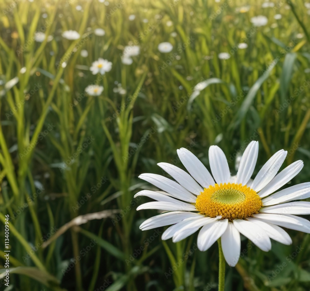 A single daisy head with a white flower and yellow center, nestled among tall grasses in a field , green, sunny day, landscape A single daisy head with a white flower and yellow center, nestled among tall grasses in a field , green, sunny day, landscape