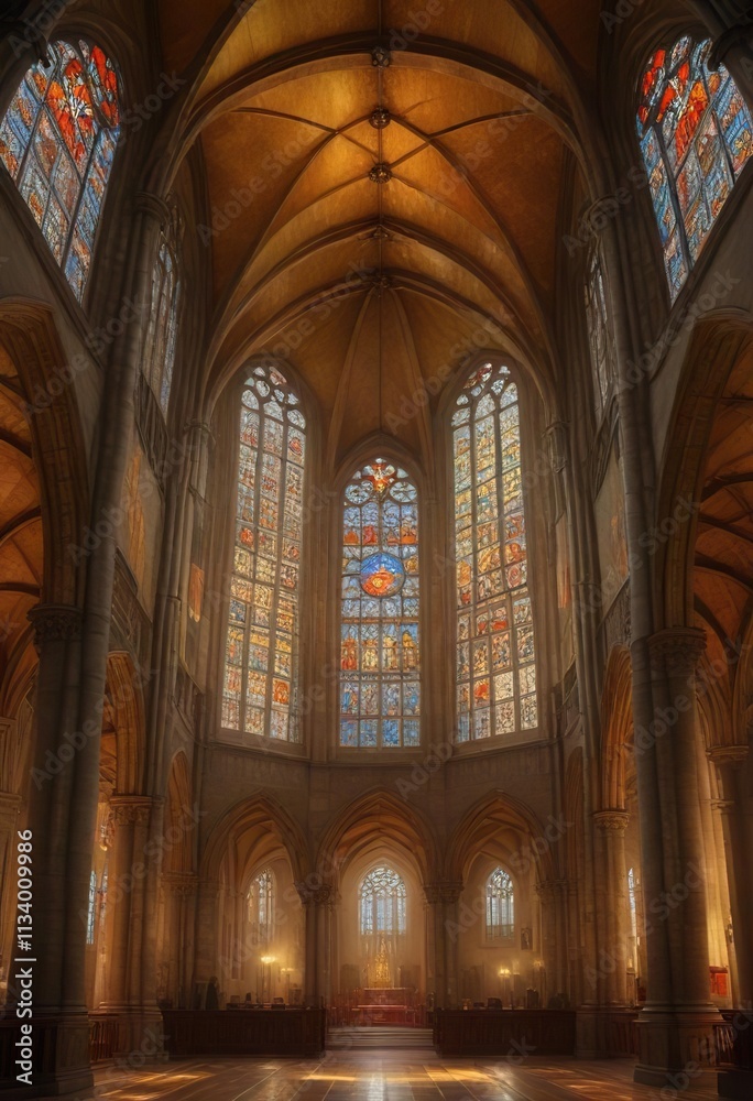 A vaulted ceiling adorned with frescoes and stained glass windows reflecting a warm, golden light within the cathedral during a rainstorm , cathedral, ceiling, religous A vaulted ceiling adorned with frescoes and stained glass windows reflecting a warm, golden light within the cathedral during a rainstorm , cathedral, ceiling, religous