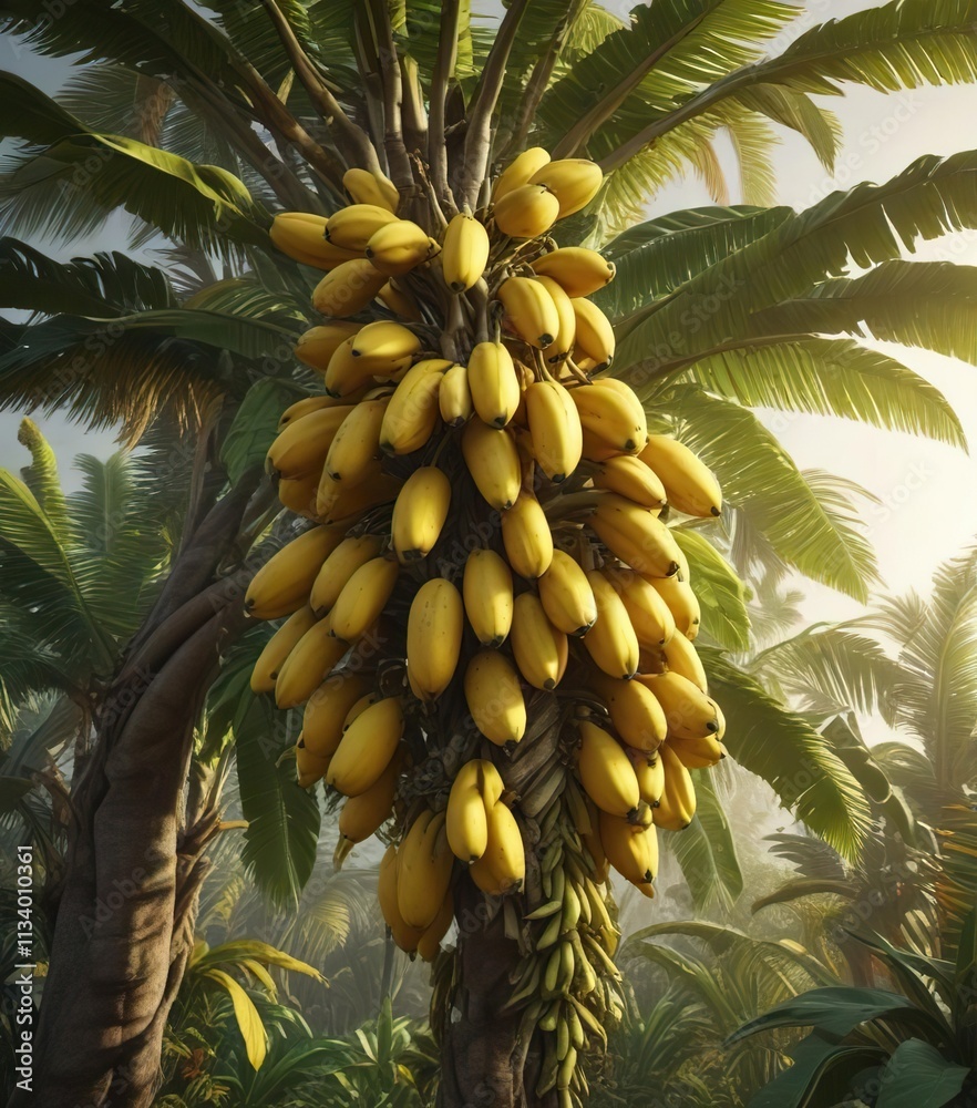 Fototapeta premium A majestic banana tree with a large bunch of mature yellow bananas hanging from its branches, plant life, bananas