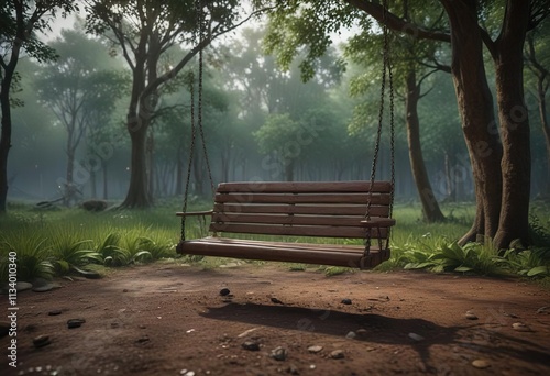 The wooden slats of a lonely swing creak softly in the silence, a haunting reminder of happier times, creak, slat