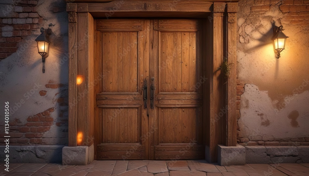 Ancient wooden door with an orange glow in the evening, atmospheric scene, dark blue sky, eerie Ancient wooden door with an orange glow in the evening, atmospheric scene, dark blue sky, eerie