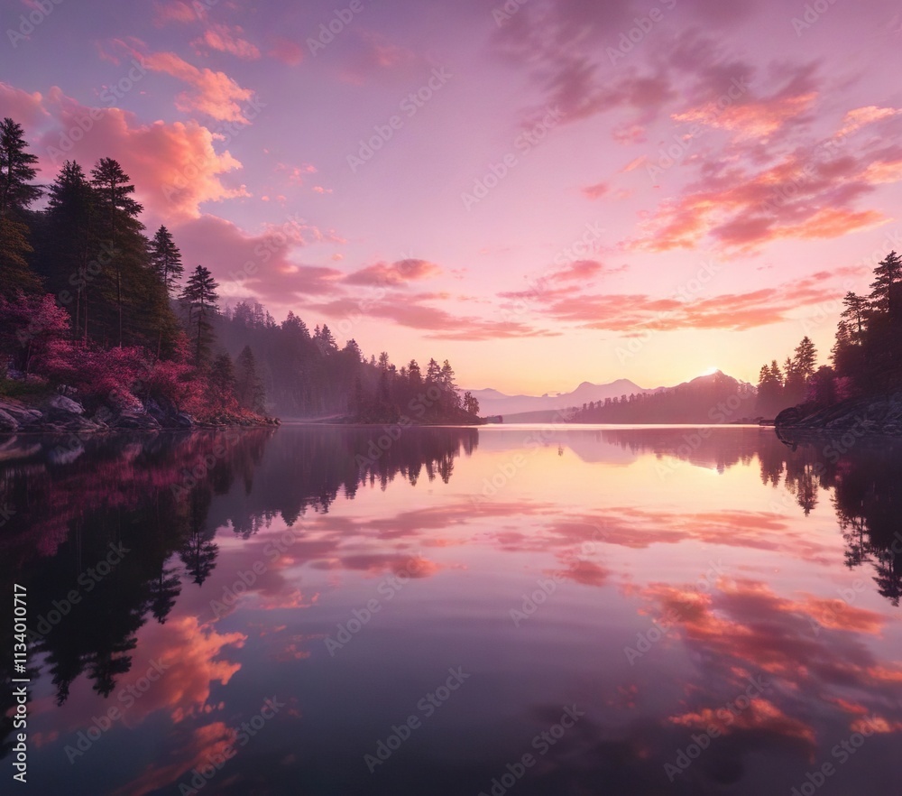 Soft pink hues fade into the sky as a serene sunset unfolds over the lake's tranquil surface , lake, calm Soft pink hues fade into the sky as a serene sunset unfolds over the lake's tranquil surface , lake, calm