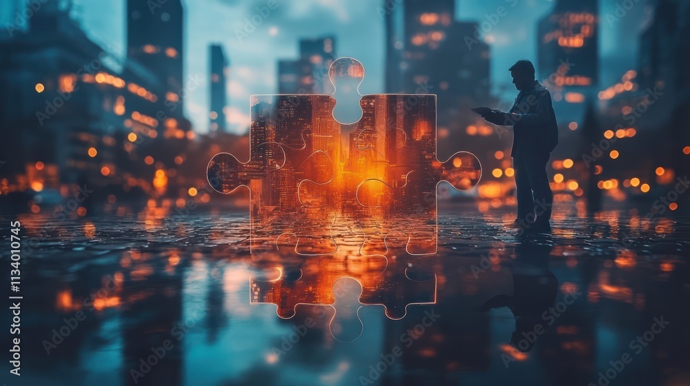 Fototapeta premium Urban Puzzle: A Man Contemplates the City's Intricacies