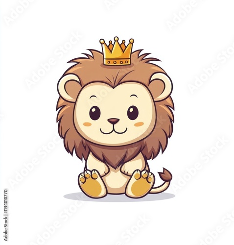 Cute cartoon lion wearing a golden crown, sitting. photo