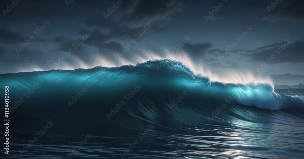 Fototapeta premium A dark blue ocean with a gentle wave and soft blue glow on its surface, dark blue, splash