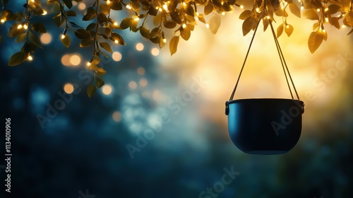 A black cauldron hangs from leafy branches, softly illuminated by warm lights in a dreamy, blurred background, This serene image evokes magic and can be used for themes like fantasy, cooking photo