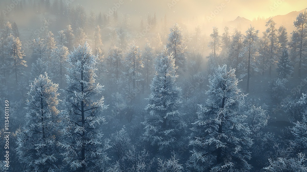 Trees Covered with Hoarfrost and Snow in a Winter Morning Scene Trees Covered with Hoarfrost and Snow in a Winter Morning Scene