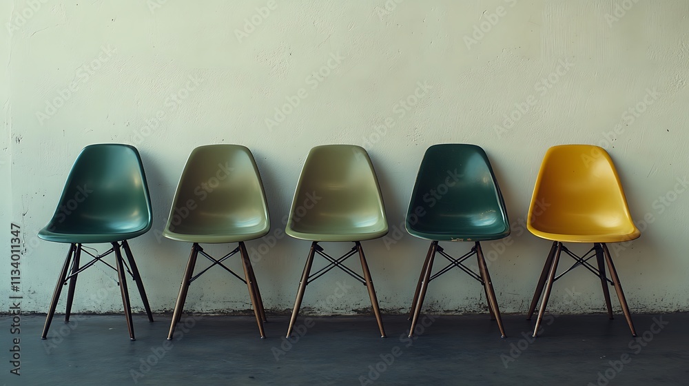 Four Eames plastic side chairs arranged in front with white wall background Four Eames plastic side chairs arranged in front with white wall background