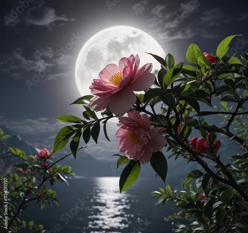 A camellia flower blooming in a bay under the light of a full moon, camellia blossoms, moonlit scene, camellia japonica winter moonlight bay sweet emily kate