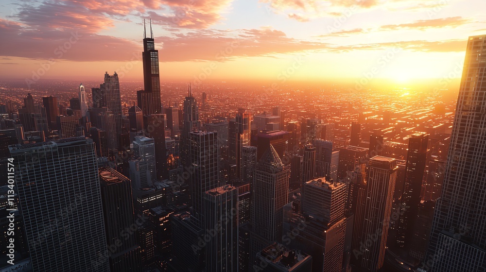 Obraz premium Downtown Chicago Cityscape with Skyscrapers and Skyline at Sunset