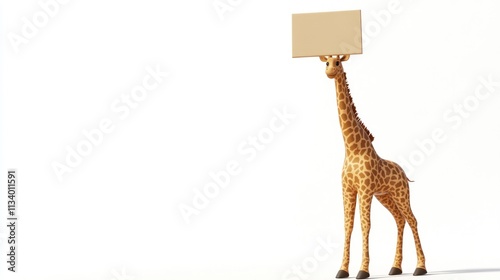 Cartoon giraffe holding blank sign, white background. photo