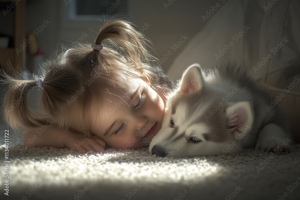 Toddler girl and husky puppy cuddling on carpet, sunlight. Toddler girl and husky puppy cuddling on carpet, sunlight.