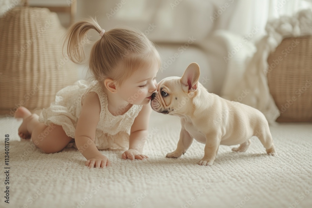 Toddler girl gently kisses a French Bulldog puppy on a fluffy carpet. Toddler girl gently kisses a French Bulldog puppy on a fluffy carpet.