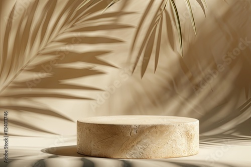 Sandstone Podium for Luxury Product Placement with Palm Leaf Shadow in Background Natural