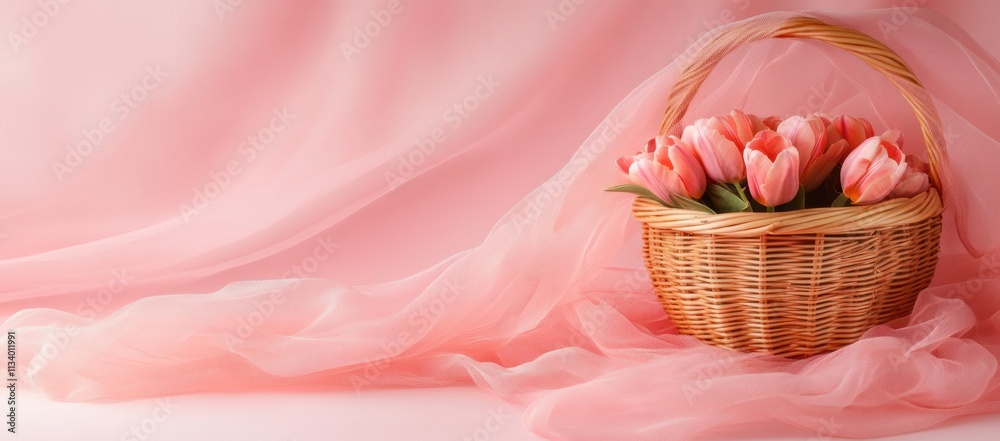 Pink tulips in a wicker basket on pink fabric. Pink tulips in a wicker basket on pink fabric.