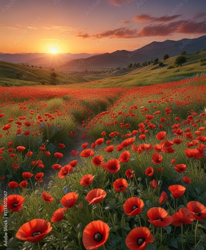 Obraz premium Field of red poppies at sunset with gentle hills in the background, natural scenery, countryside, nature scenery