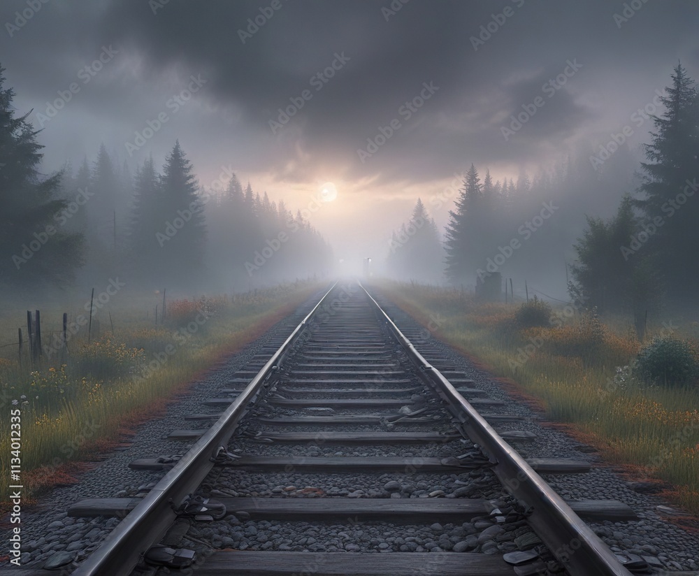 Fototapeta premium A lone railroad track disappearing into the fog , fading light, overgrown vegetation