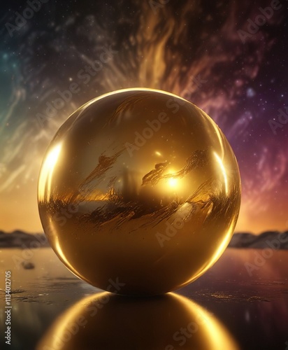 Softly glowing auroral light reflected in an abstract golden sphere, abstract, sphere