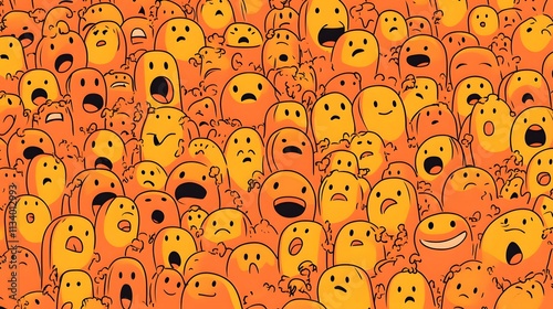 A Crowd Of Orange Cartoon Faces Showing Various Emotions