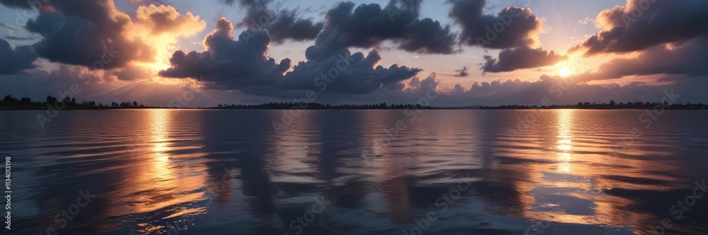 Fototapeta premium Rain clouds cast long shadows across the water as day fades to night, clouds, green