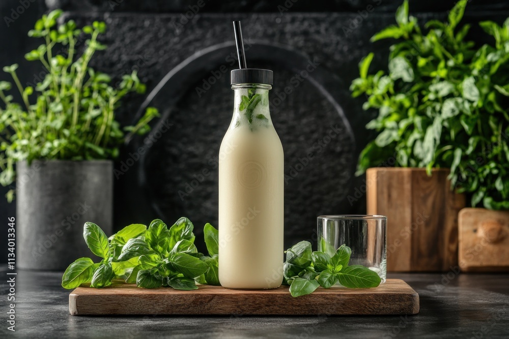 Creamy yogurt drink in glass bottle with fresh herbs. Creamy yogurt drink in glass bottle with fresh herbs.