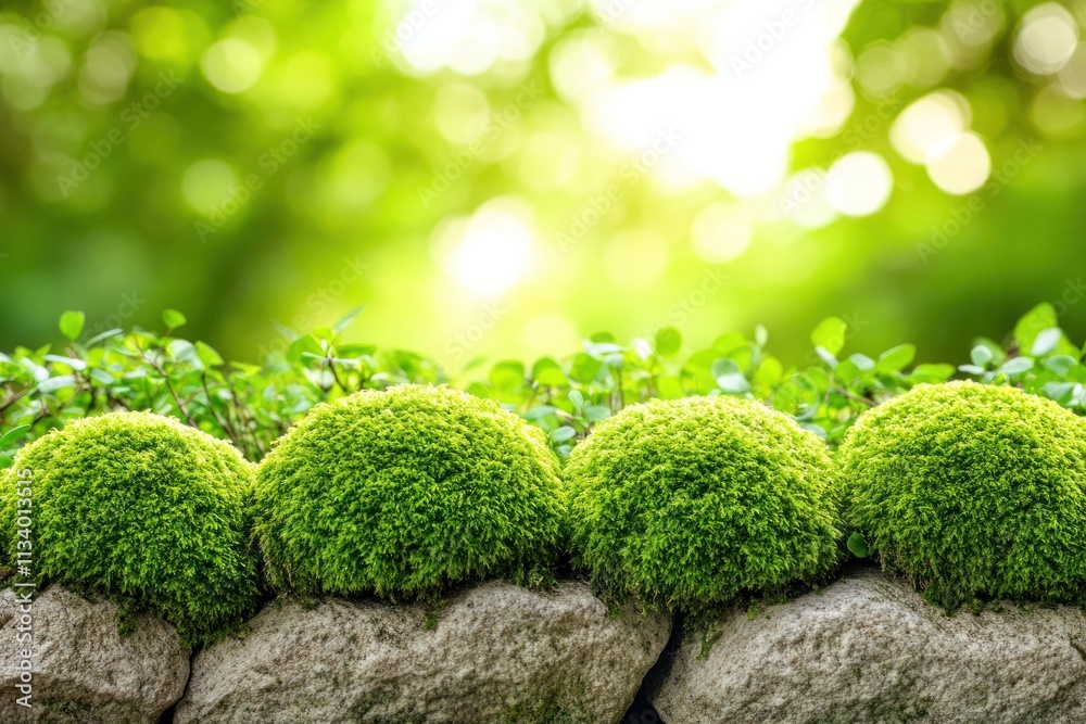 Lush green moss balls on a stone wall, vibrant bokeh background. Lush green moss balls on a stone wall, vibrant bokeh background.