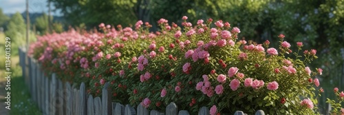 Beautifully bloomed rose hip bush near the fence line, with pink flowers, roses, garden beauty