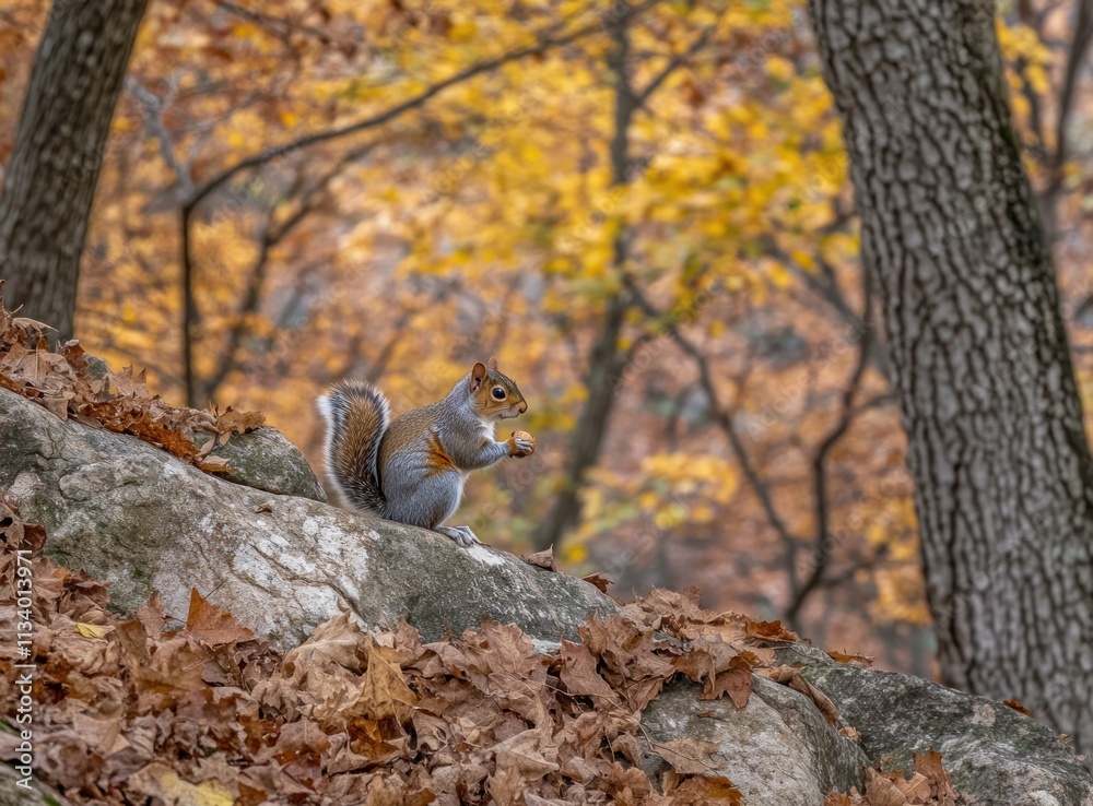 Squirrel on rock, autumn leaves background. Squirrel on rock, autumn leaves background.
