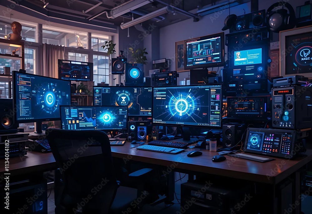 A tech startup office with glowing monitors and digital devices A tech startup office with glowing monitors and digital devices