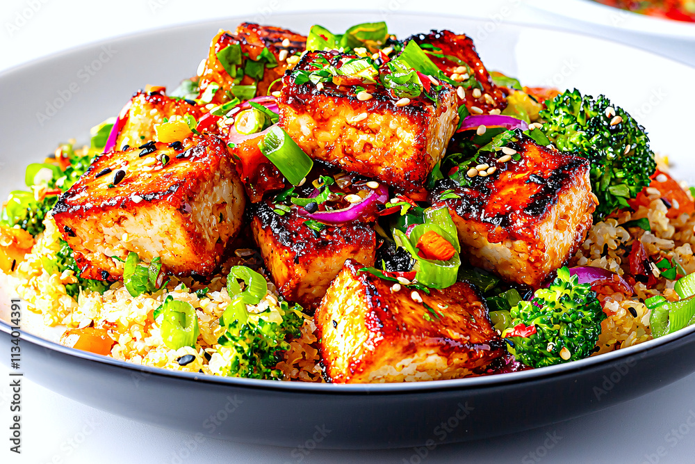 Cauliflower rice stir fry with tofu, a low-calorie Asian inspired dish with vibrant, clean presentation Cauliflower rice stir fry with tofu, a low-calorie Asian inspired dish with vibrant, clean presentation