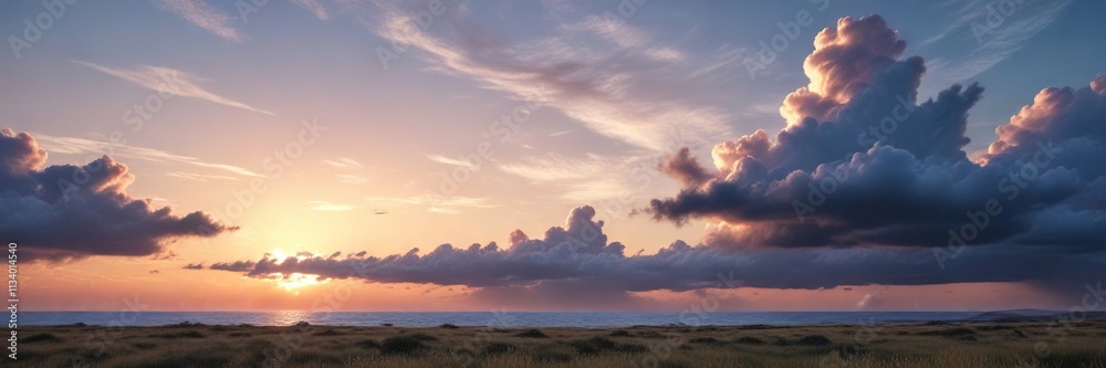 A serene and peaceful landscape features a vast expanse of blue sky dotted with wispy spindrift clouds at sunset, gentle breeze, sunset, peaceful ambiance A serene and peaceful landscape features a vast expanse of blue sky dotted with wispy spindrift clouds at sunset, gentle breeze, sunset, peaceful ambiance