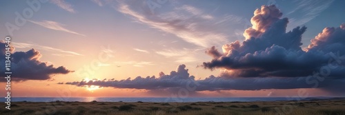A serene and peaceful landscape features a vast expanse of blue sky dotted with wispy spindrift clouds at sunset, gentle breeze, sunset, peaceful ambiance
