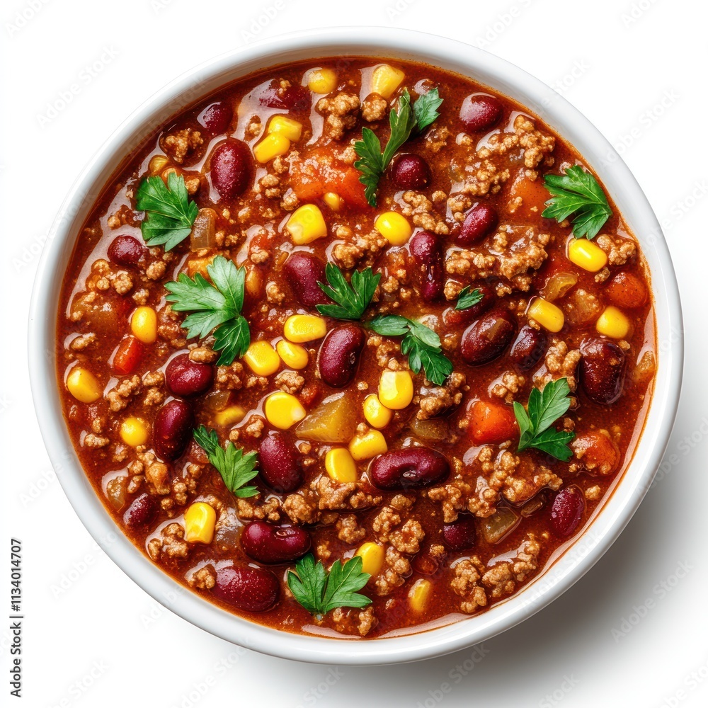 A hearty bowl of chili with ground meat, beans, corn, and fresh herbs. A hearty bowl of chili with ground meat, beans, corn, and fresh herbs.