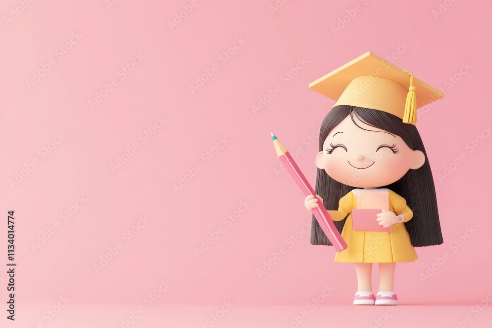 Happy girl graduate in yellow dress holding a large pencil and a book against a pink background. Happy girl graduate in yellow dress holding a large pencil and a book against a pink background.