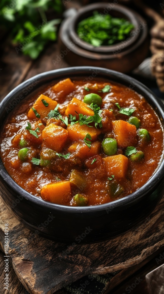 A hearty bowl of vegetable stew featuring diced potatoes and green peas, garnished with herbs. A hearty bowl of vegetable stew featuring diced potatoes and green peas, garnished with herbs.