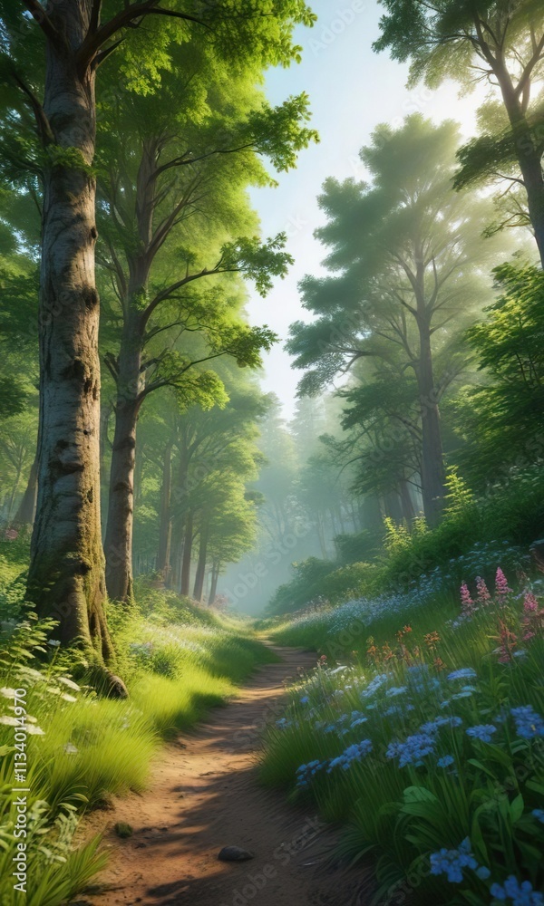 Vibrant green forest landscape with lush trees and wildflowers, environmental conservation, green earth Vibrant green forest landscape with lush trees and wildflowers, environmental conservation, green earth