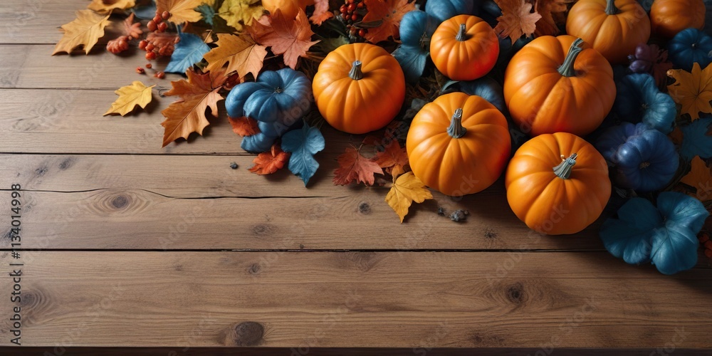 Wooden table with a medley of blue and orange pumpkins and leaves, rustic wooden tables, autumn decorations Wooden table with a medley of blue and orange pumpkins and leaves, rustic wooden tables, autumn decorations