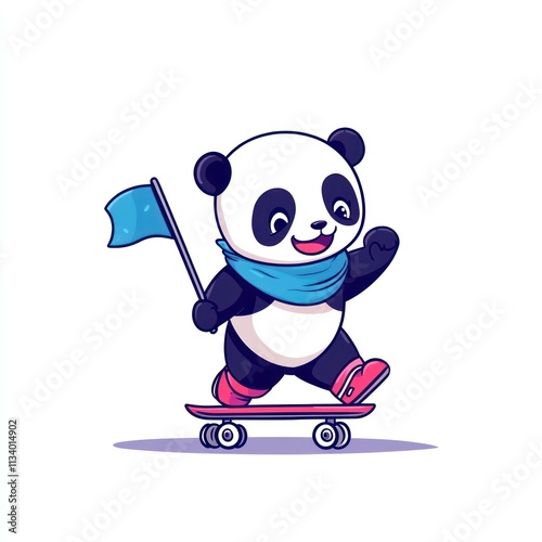 Happy panda skateboarding with a flag. photo