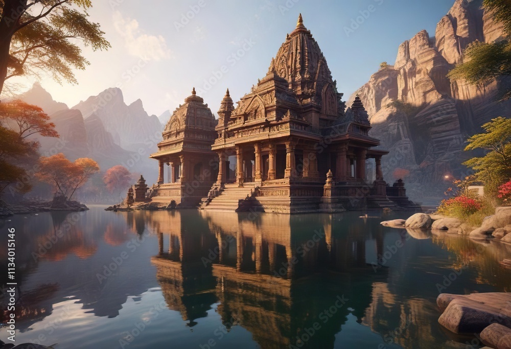 Ancient Hindu temple with majestic architecture overlooking a lake, majestic building, forest Ancient Hindu temple with majestic architecture overlooking a lake, majestic building, forest